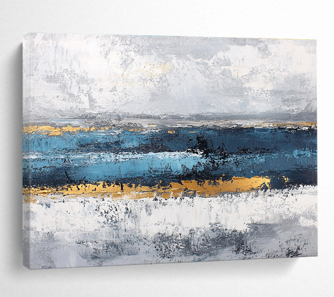 Acrylic Modern Art Paintings Blue, Gray, Gold & White Textured Landscape Abstract Painting HPS265