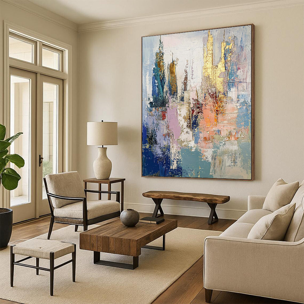 Gold Blue Pink Gray City Abstract Art PT146