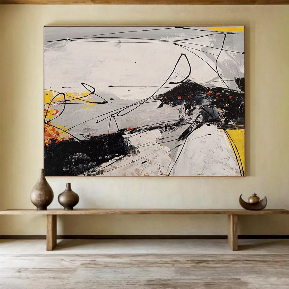 Cool Abstract Paintings Black, White & Yellow Energetic Abstract Art HPS185