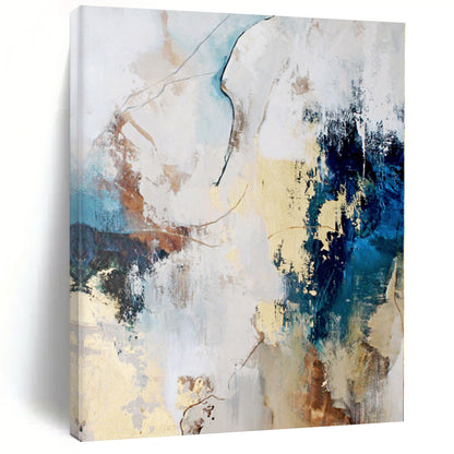 Hand-Painted Blue, Beige, and Gold Abstract Art with Dynamic Brushstrokes PT011
