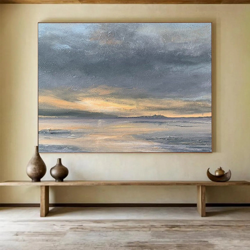Hand-Painted Gray & Orange Abstract Coastal Sunset Art HPS181