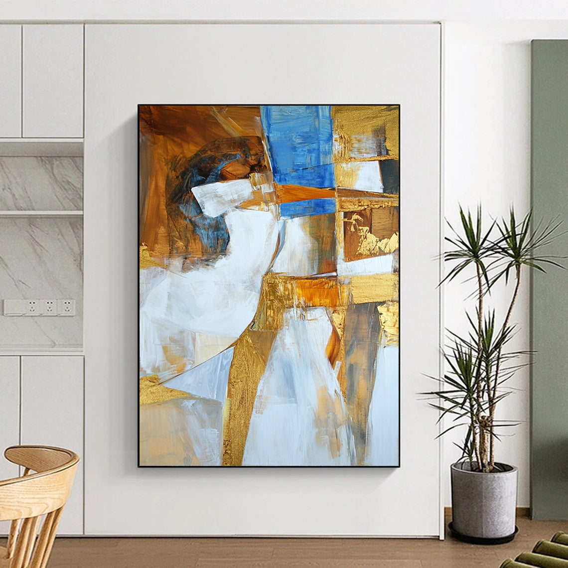 Original Large Abstract Paintings For Sale, Gold Blue White Abstract Textured Art PT162