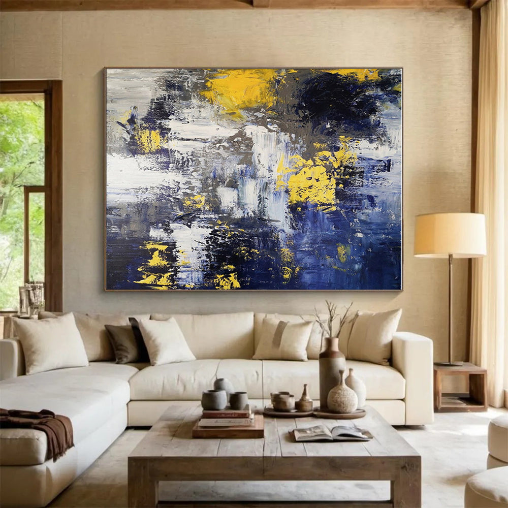 Acrylic Modern Art Paintings Yellow, Blue & Gray Textured Abstract Painting On Canvas HPS127