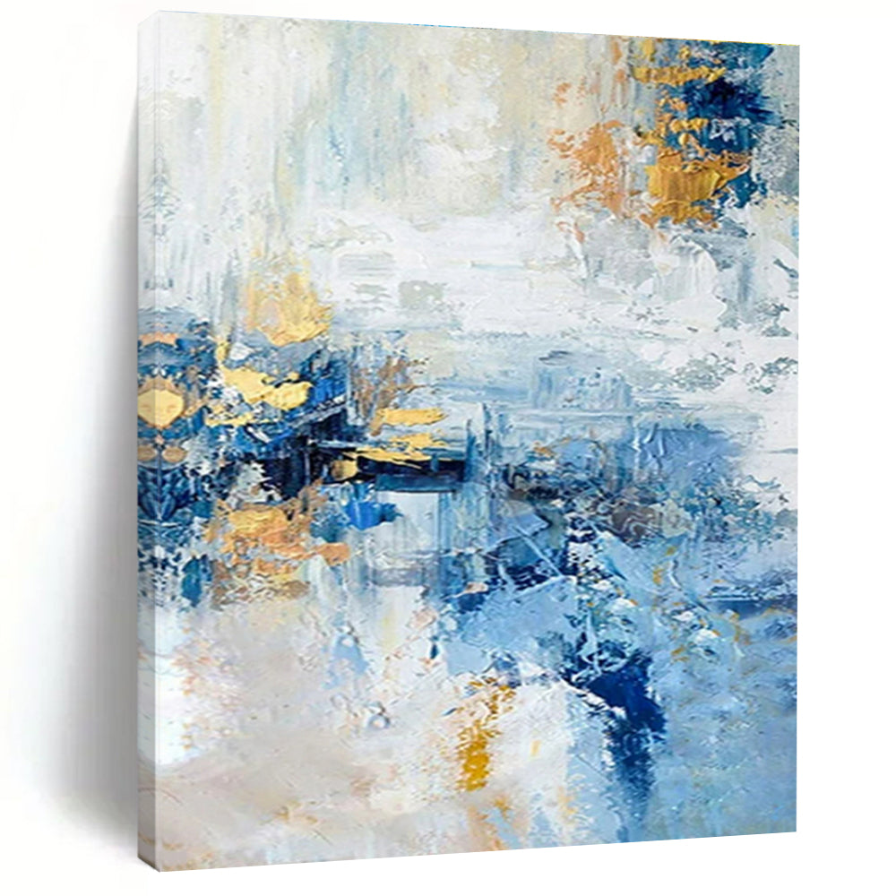 Cool Abstract Paintings Blue and Gold Abstract Textured Composition, Large Painting In Living Room PT538