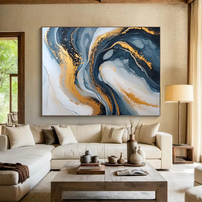 Handmade Art Blue, Gray & Gold Swirl Textured Abstract Painting On Canvas PT114