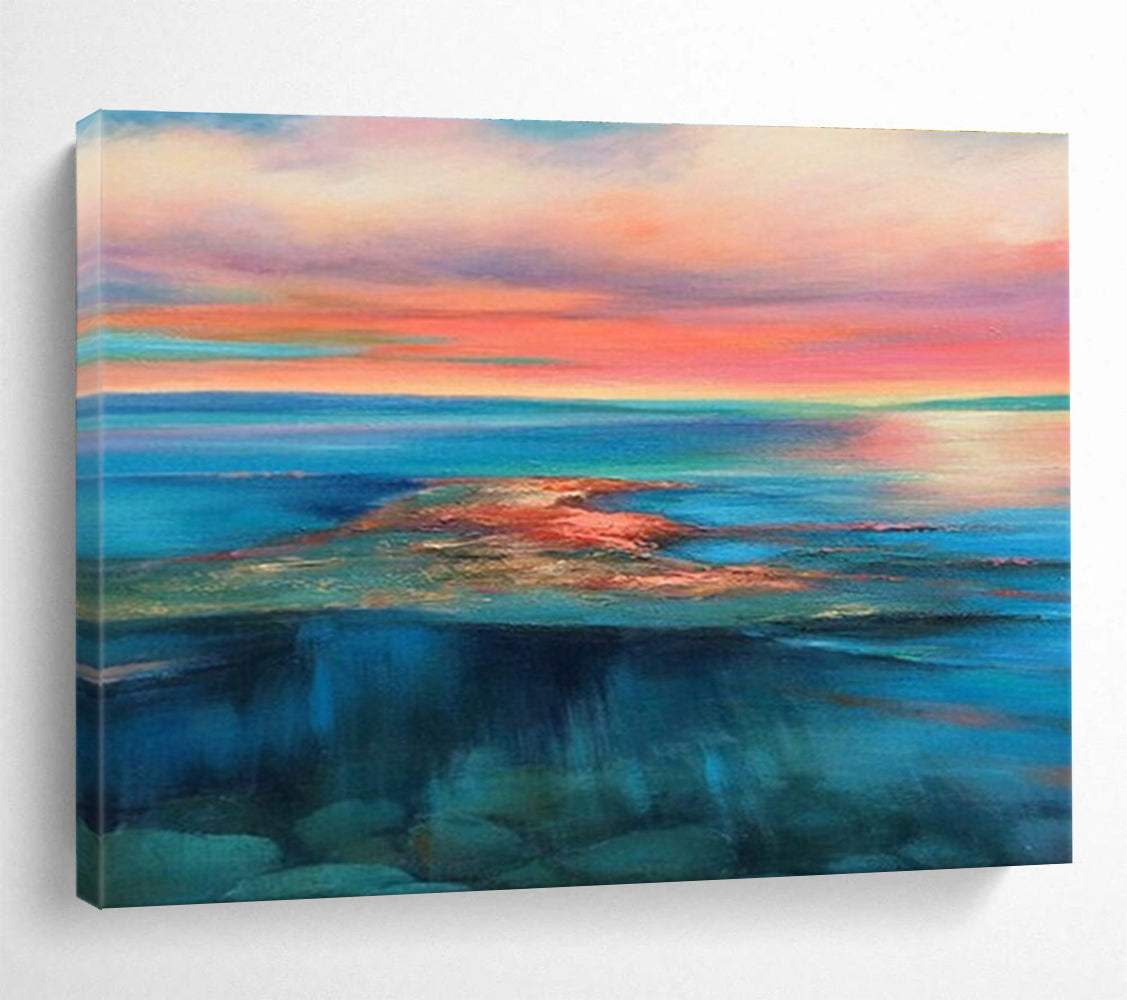 Hand Painted Art Pink, Blue & Teal Abstract Sea & Sky Art HPS182