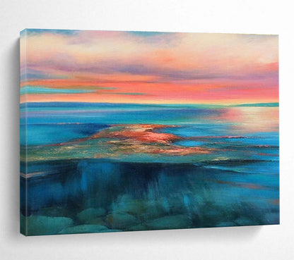 Hand Painted Art Pink, Blue & Teal Abstract Sea & Sky Art HPS182