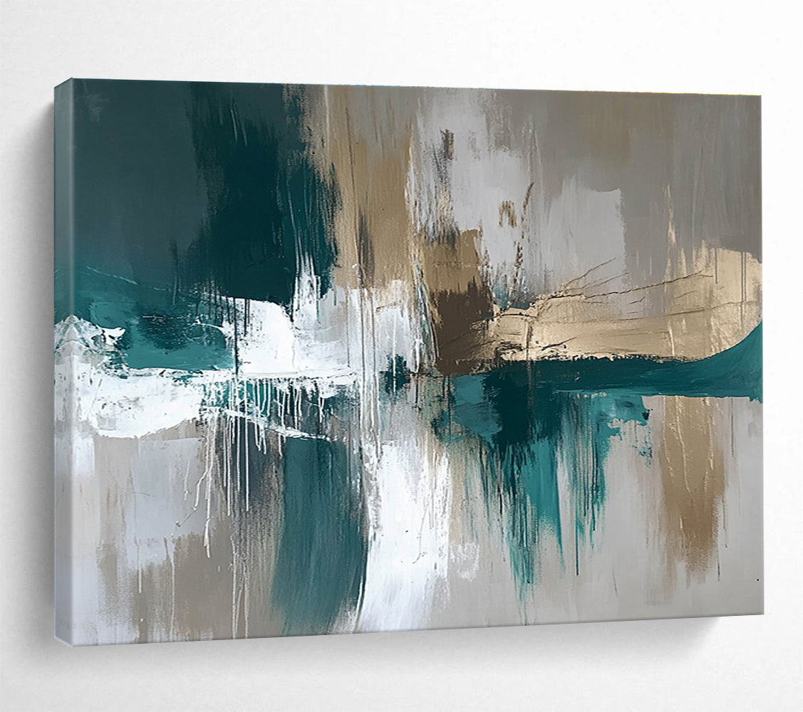 Modern Art Acrylic Teal, Gold, Gray & White Textured Abstract Painting HPS299