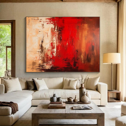 Hand Painted Art Red Beige Abstract Textured Landscape Acrylic Painting PT461