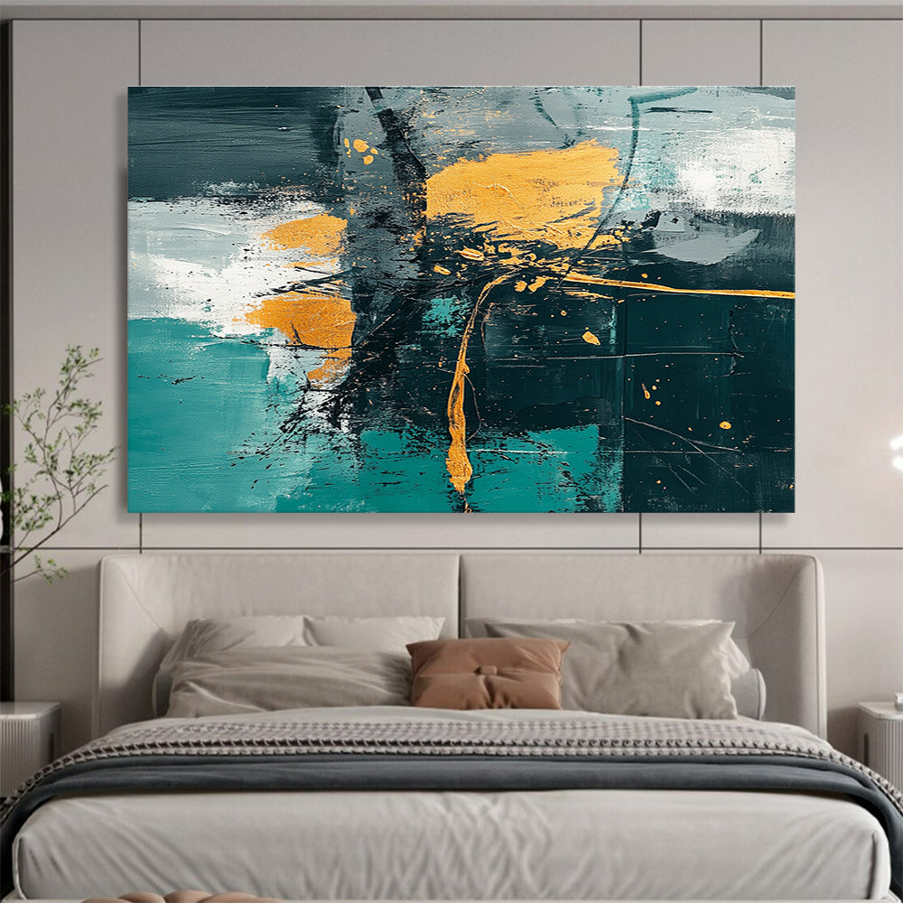 Oversized Abstract Wall Art Teal, Gold, and Black Textured Expressionist Art HPS327