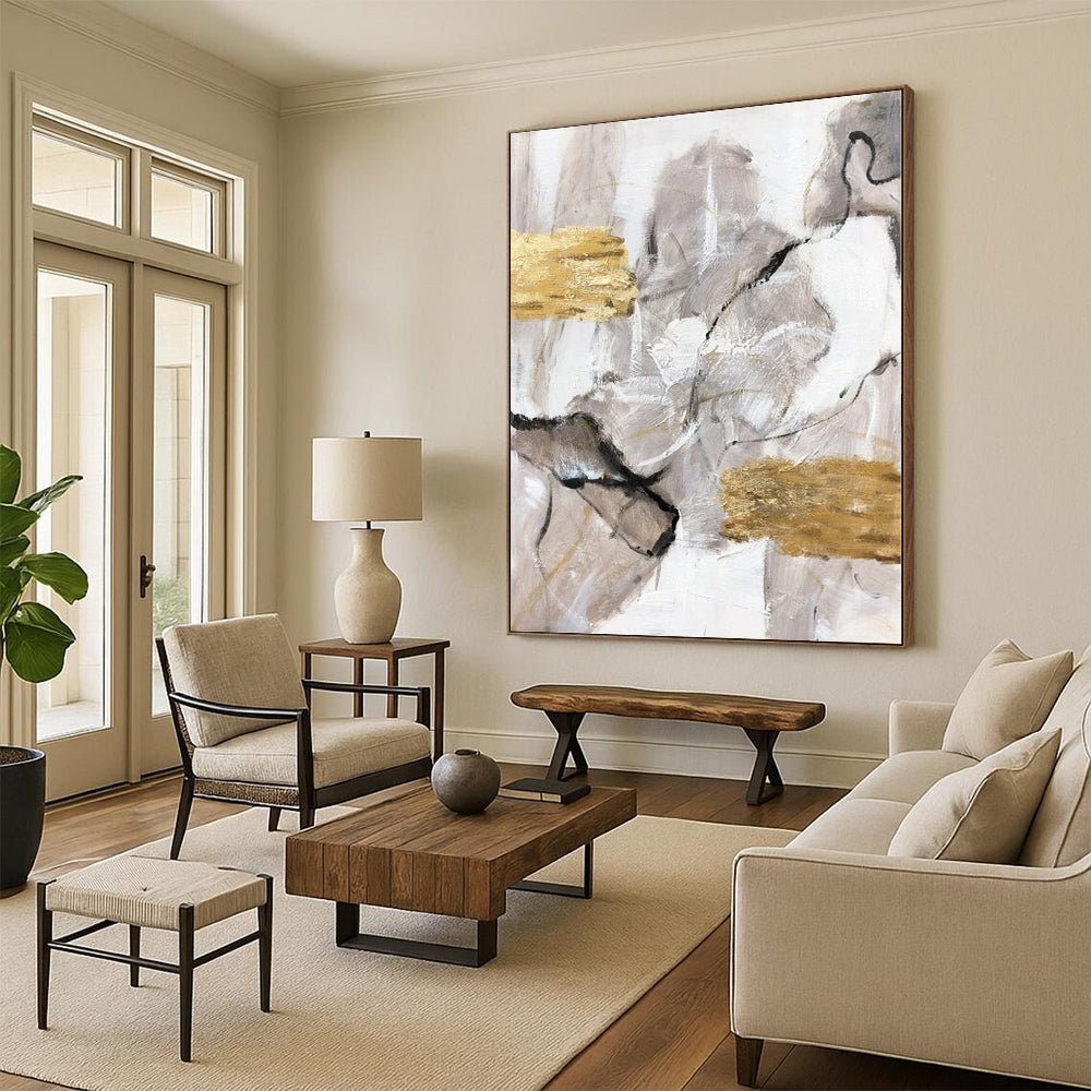 Acrylic Modern Art Paintings Gray, White & Gold Textured Abstract Painting On Canvas PT057