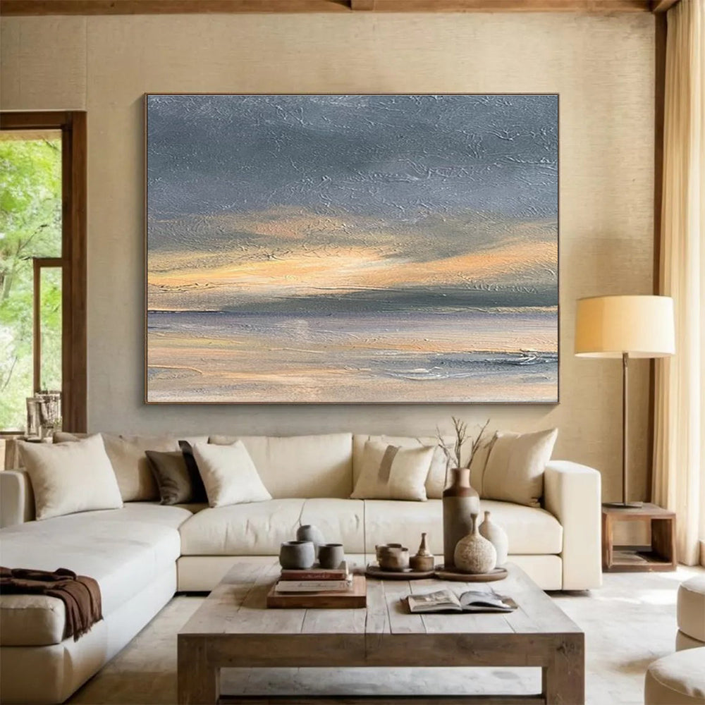 Minimalist Canvas Art Gray & Orange Abstract Seaside Art HPS175