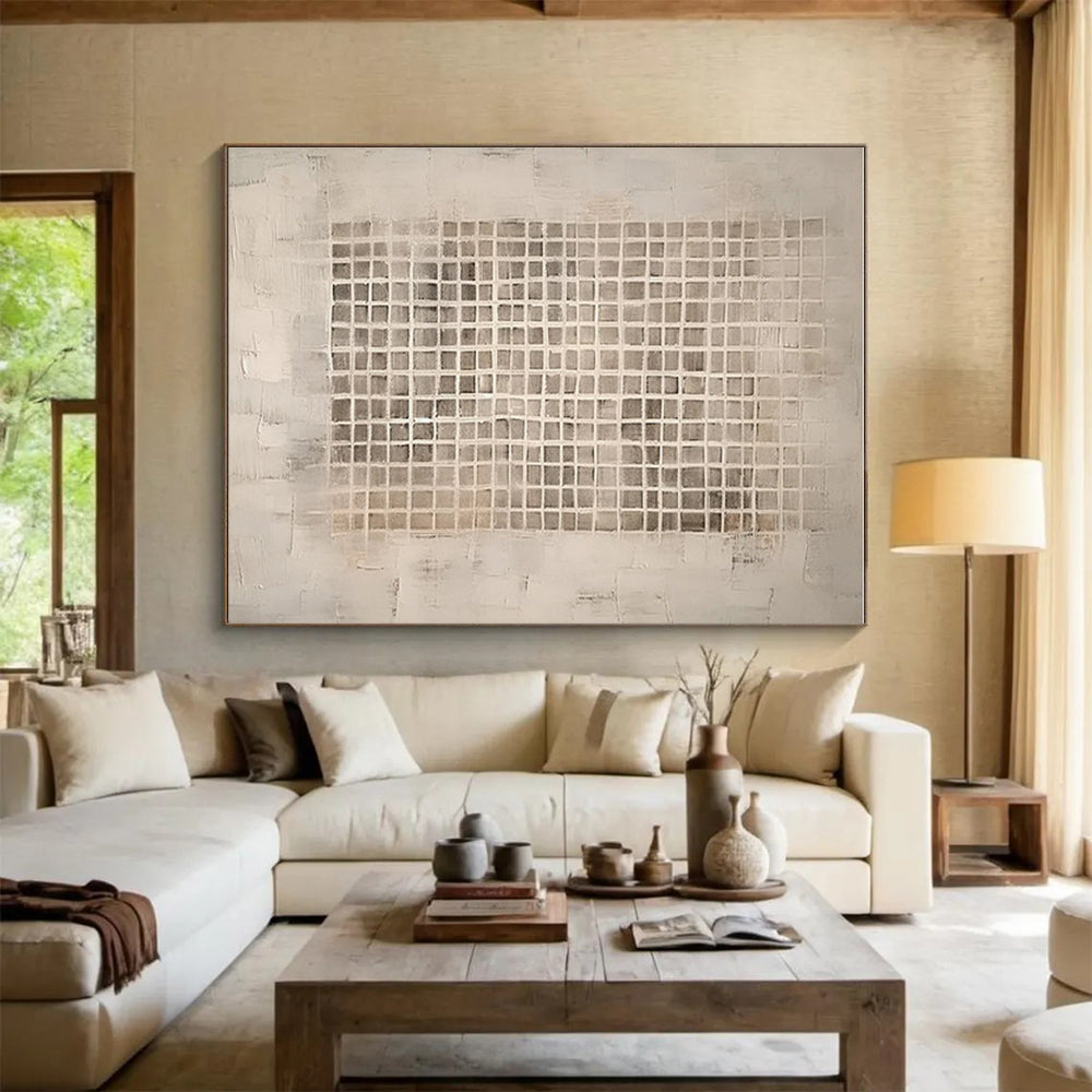 Minimalist Canvas Art in Beige and Gray Grid Pattern, Handmade Art PT299