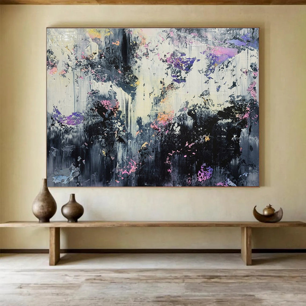 Large Contemporary Wall Art Black, White, and Purple Textured Abstract Art HPS406
