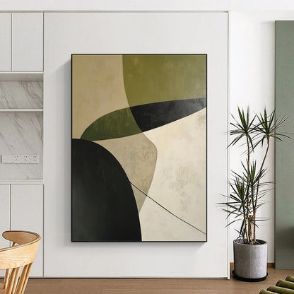 Affordable Large Abstract Wall Art With Green, Black, Beige Geometric Forms On Canvas PT188