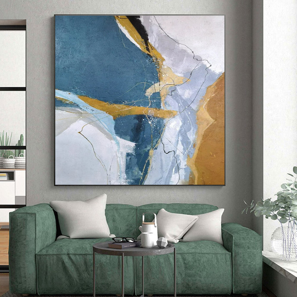 Cool Abstract Paintings Blue, Gold, and Gray Dynamic Abstract Art PT807
