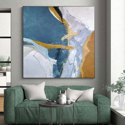 Cool Abstract Paintings Blue, Gold, and Gray Dynamic Abstract Art PT807