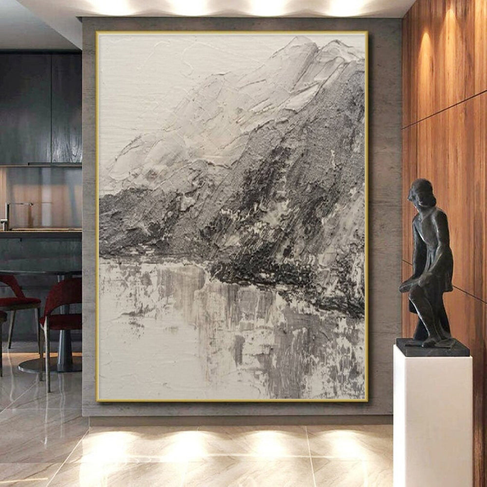 Hand Painting Gray and White Textured Mountain Landscape Abstract Art PT721
