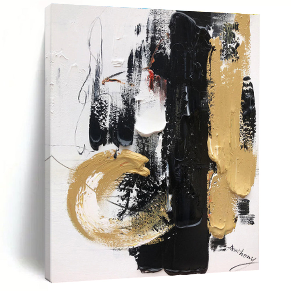 Large Size Black Gold White Abstract Expressionist Acrylic Painting PT474