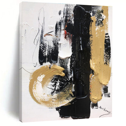 Large Size Black Gold White Abstract Expressionist Acrylic Painting PT474