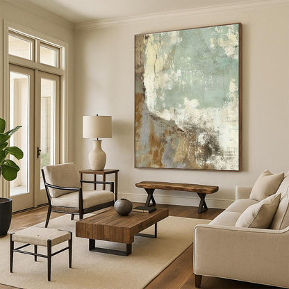 Modern Art Acrylic Beige, Green, and Gray Textured Abstract Art PT738