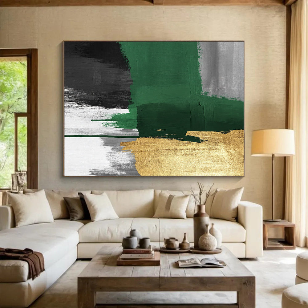 Original Large Abstract Paintings For Sale With Green, Gold, Gray, Black Textured Brushstrokes On Canvas PT197