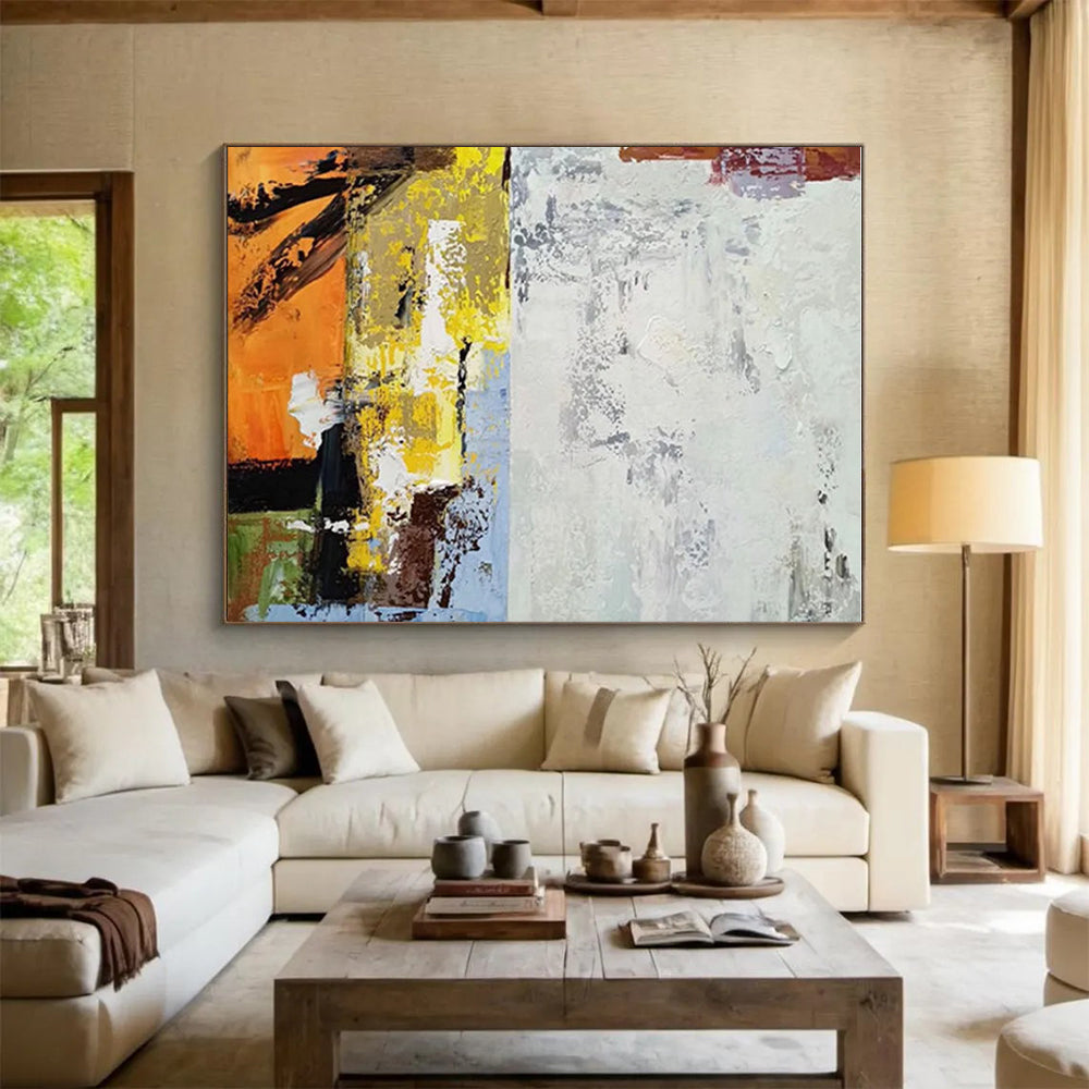 48x60 Orange, Yellow, White, and Gray Abstract Painting with Bold Textures, Cool Abstract Paintings PT206
