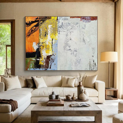 48x60 Orange, Yellow, White, and Gray Abstract Painting with Bold Textures, Cool Abstract Paintings PT206