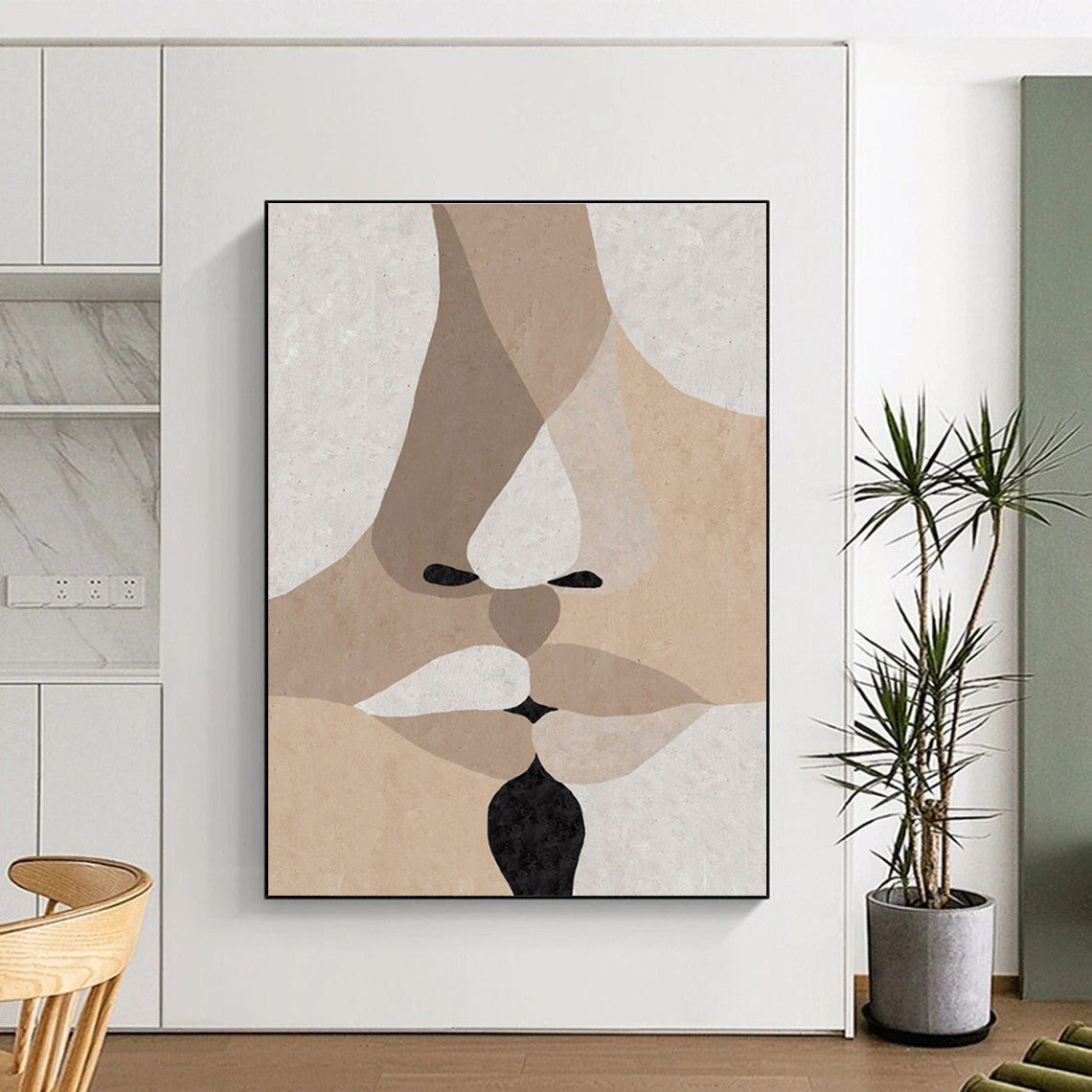 Handmade Art Beige, Black, and White Facial Abstract Art PT709