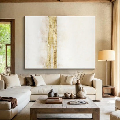 Hand-Painted White & Gold Textured Minimalist Abstract Painting On Canvas PT091