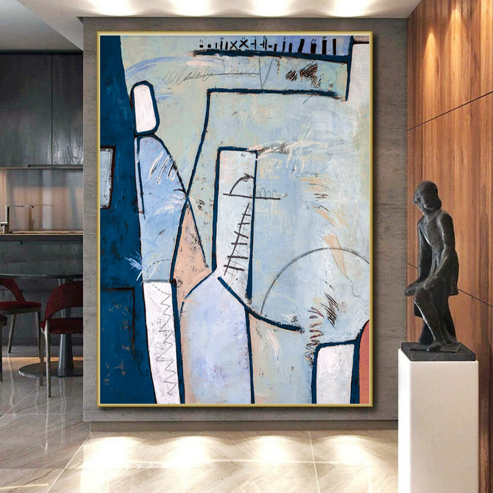 Handmade Art Blue and Beige Geometric Abstract Art PT827