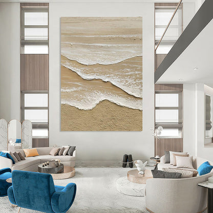Large Contemporary Wall Art Beige & White Textured Beach Waves, Cool Abstract Paintings DPS492