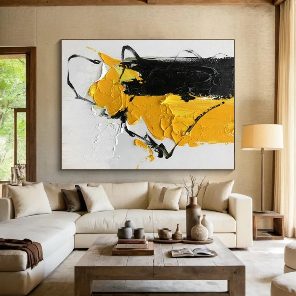 Hand Painted Art Black and Yellow Textured Abstract Composition, Acrylic Modern Art Painting PT521