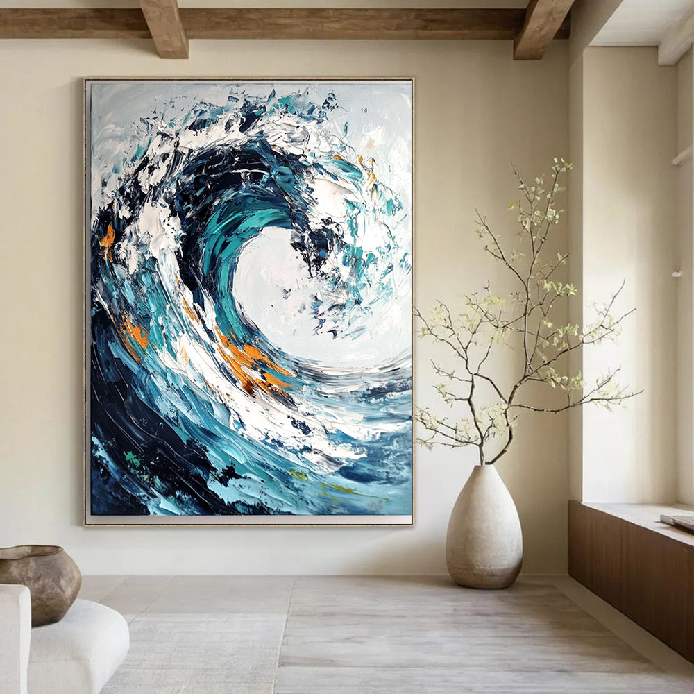 Cool Abstract Paintings Blue, White, and Orange Abstract Wave Painting DPS432
