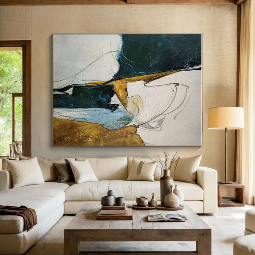 Handmade Art Green, Gold, and White Dynamic Abstract Art PT810