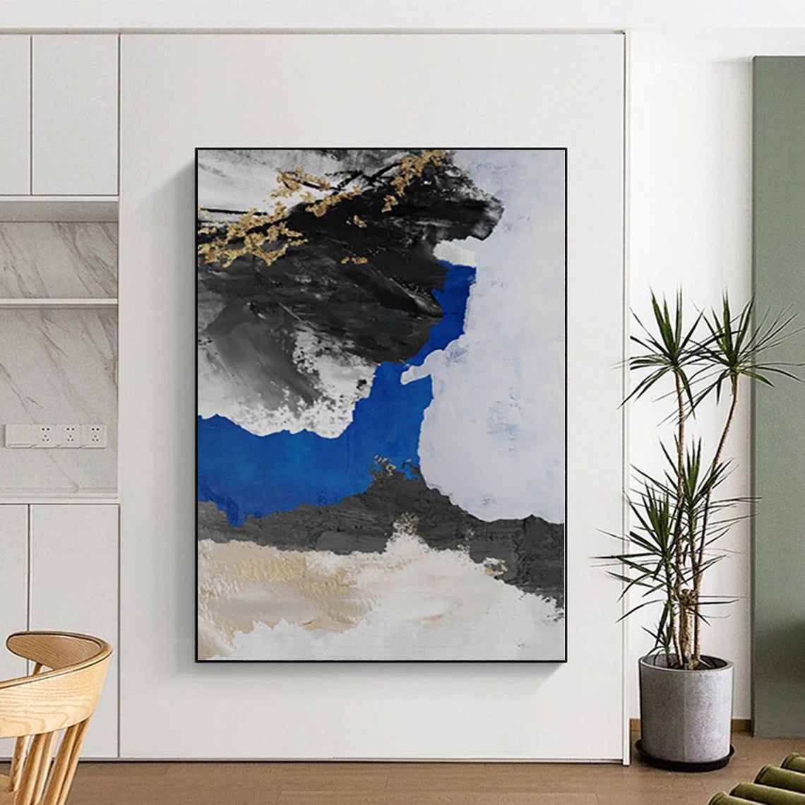 Hand Painting Black, White, Blue & Gold Textured Abstract Painting On Canvas PT052