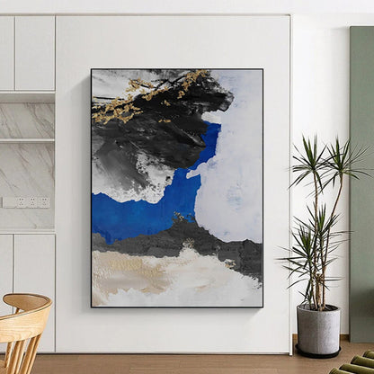 Hand Painting Black, White, Blue & Gold Textured Abstract Painting On Canvas PT052