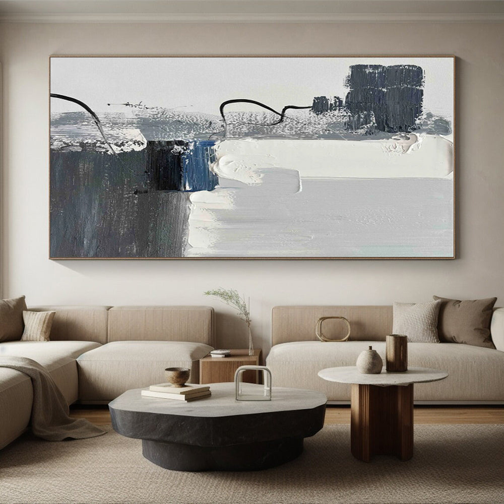 Minimalist Canvas Art Gray White Blue Abstract Textured Art PT465