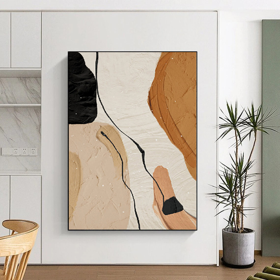 Hand Painted Art Beige, Brown & Black Geometric Abstract Painting On Canvas PT083