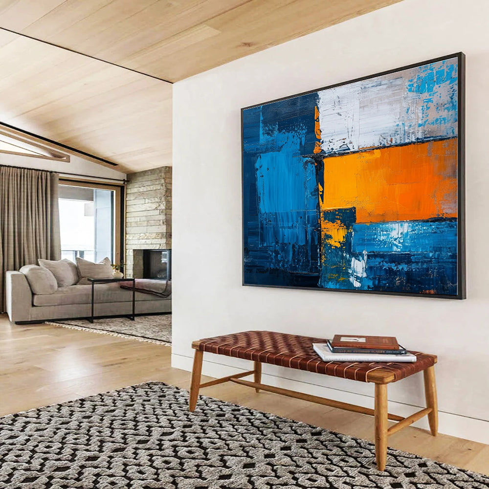 Unique Abstract Art Blue, Orange & White Geometric Abstract On Canvas HPS068