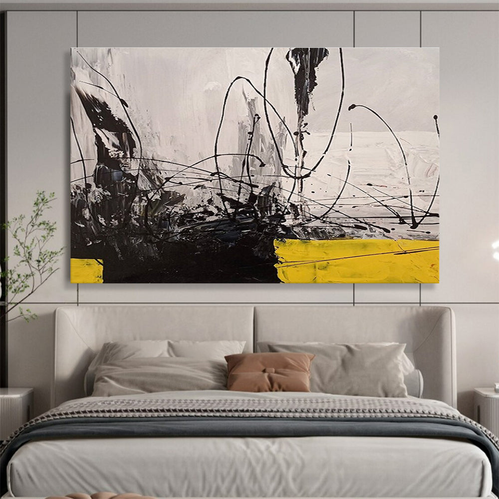 Oversized Abstract Wall Art Black, White & Yellow Energetic Abstract Art HPS168