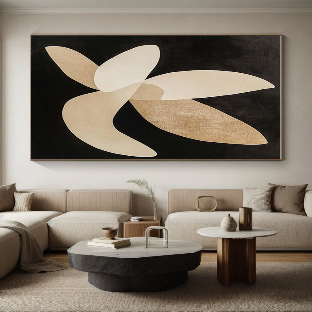 Hand Painted Art Beige and Black Abstract Floral Shapes, Modern Art Acrylic PT325