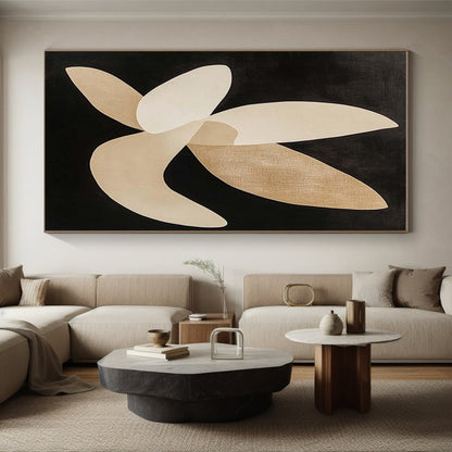 Hand Painted Art Beige and Black Abstract Floral Shapes, Modern Art Acrylic PT325