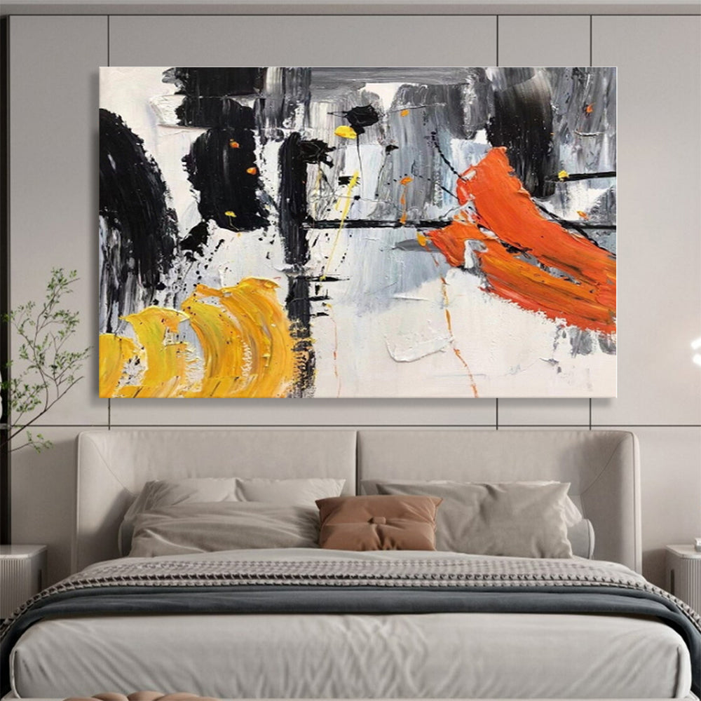 Hand-Painted Black, White, Orange & Yellow Dynamic Abstract On Canvas HPS061