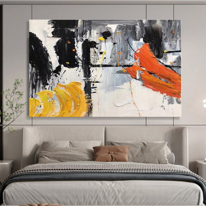 Hand-Painted Black, White, Orange & Yellow Dynamic Abstract On Canvas HPS061