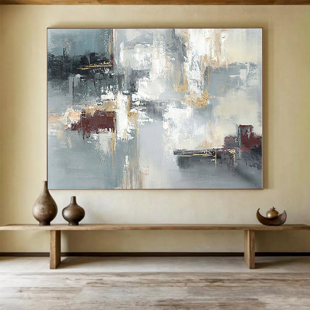 Modern Art Acrylic Gray, Red & Gold Urban Abstract Painting On Canvas HPS090