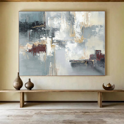 Modern Art Acrylic Gray, Red & Gold Urban Abstract Painting On Canvas HPS090