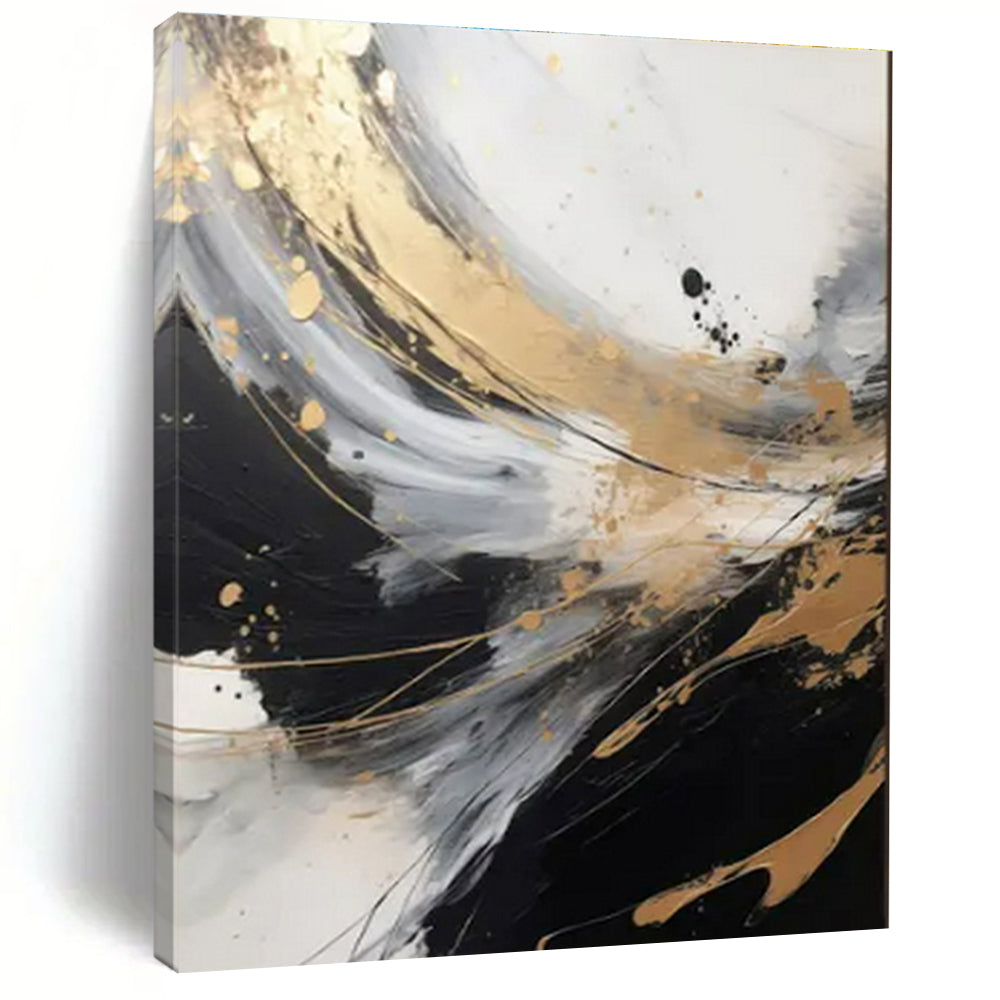 Cool Abstract Paintings - Black, White, Gray & Gold Dynamic Abstract Art with Flowing Lines PT594