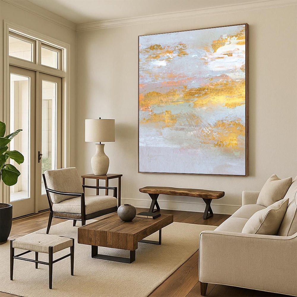 Oversized Abstract Wall Art in Grey, Gold, and Peach Abstract Textural Layers PT239