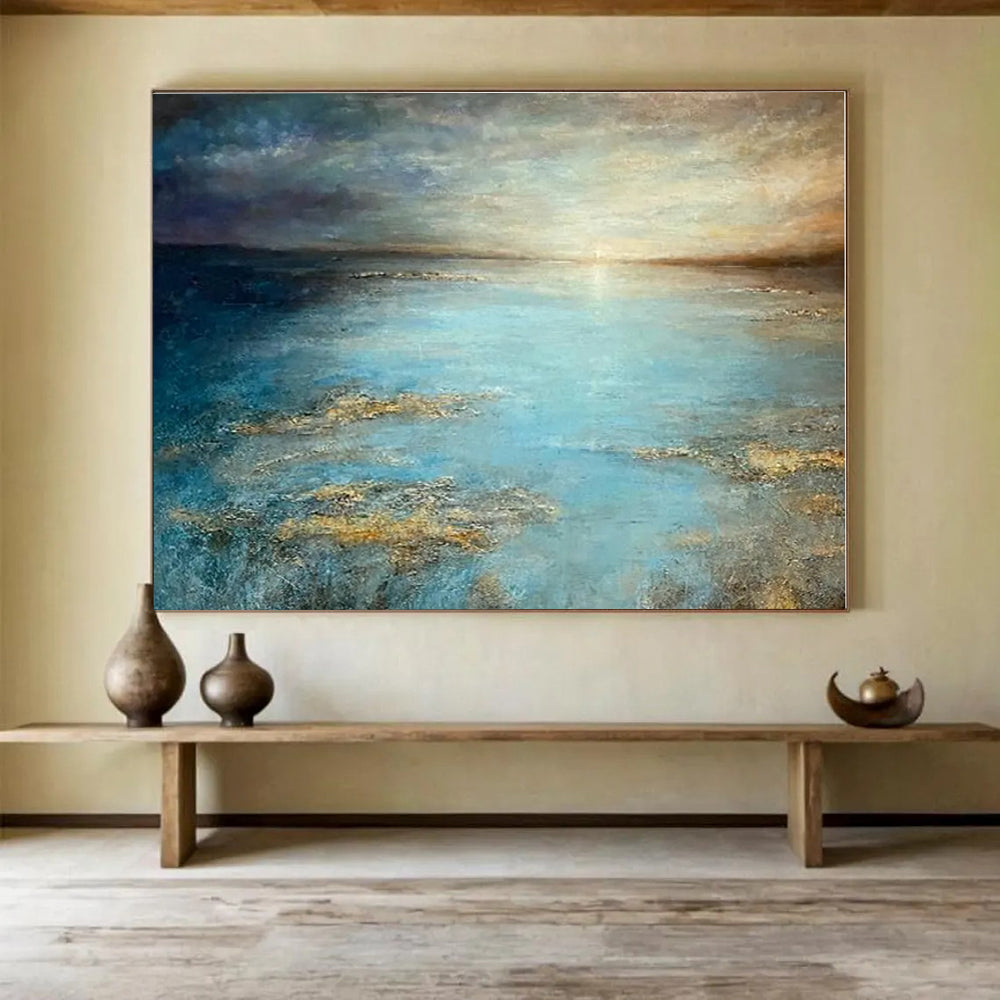 Hand Painted Art Blue & Gold Seascape Abstract Painting On Canvas HPS134